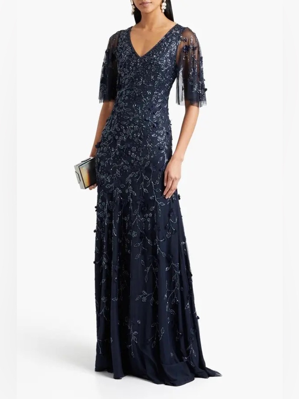 Theia Beaded Embellished Tulle Gown Navy Short Sleeve Formal Dress size 10